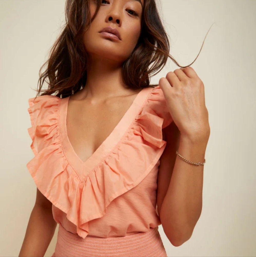 Anthropologie NATION Women's Peach Ruffle V-Neck Women's Top Size XS